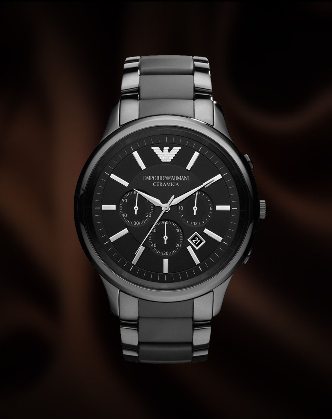 > emporio armani黑色计时圆盘陶瓷石英男表