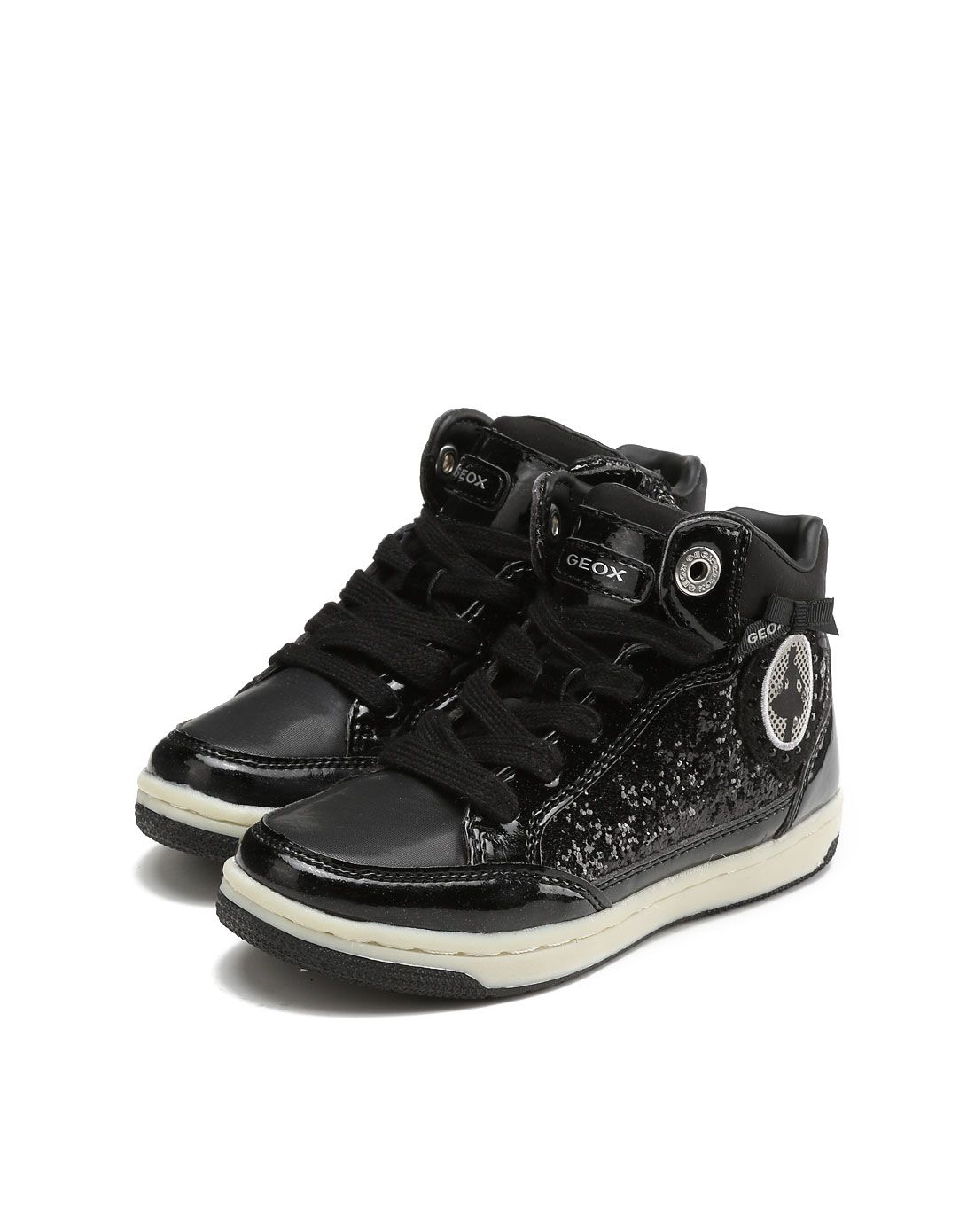 黑色儿童亮丽时尚系带高帮鞋