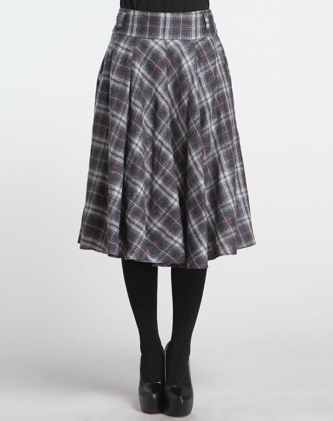 灰色格纹休闲100%羊毛半裙