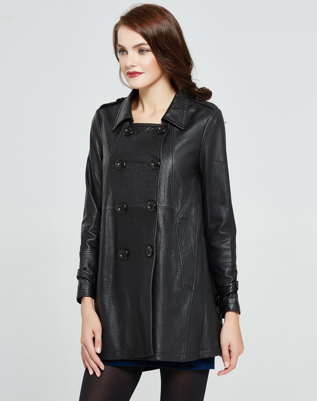 女款黑色泡泡绵羊皮韩版中长款皮风衣