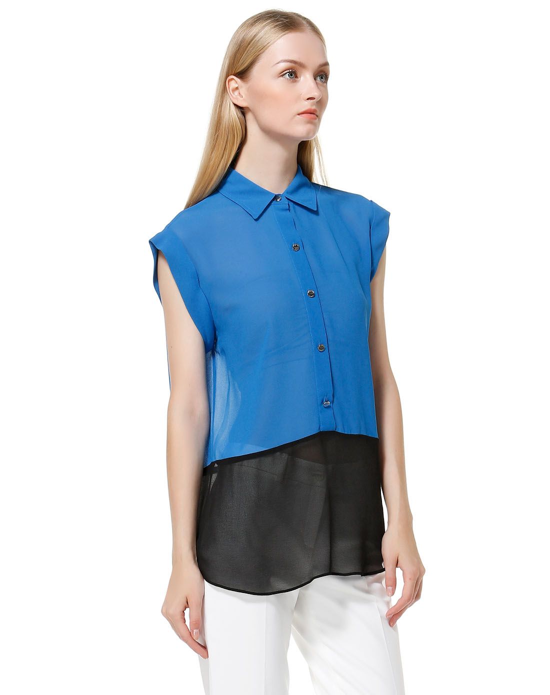 蓝/黑色拼接气质盖肩袖上衣