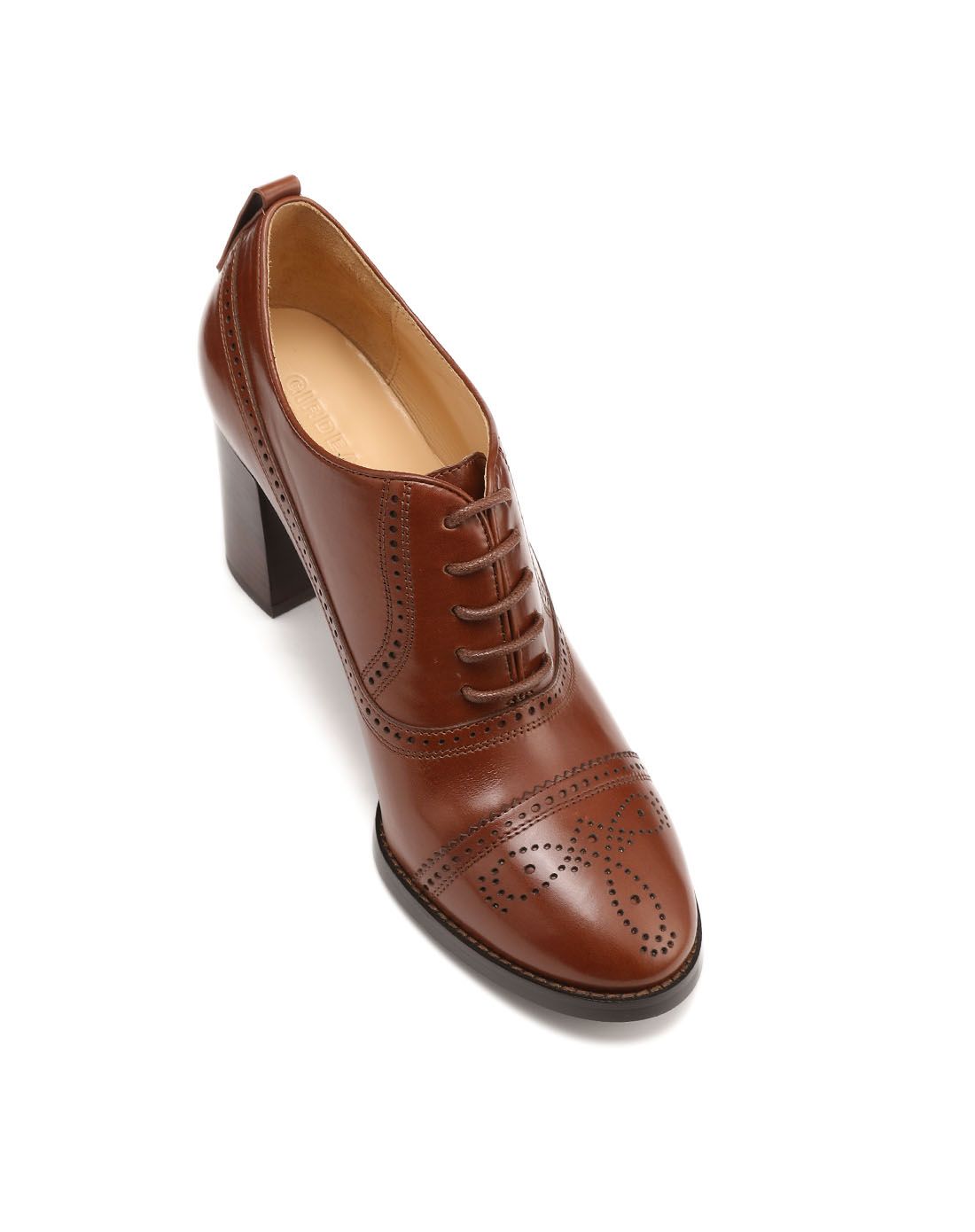 哥弟girdear咖色复古花纹绑带粗跟皮鞋