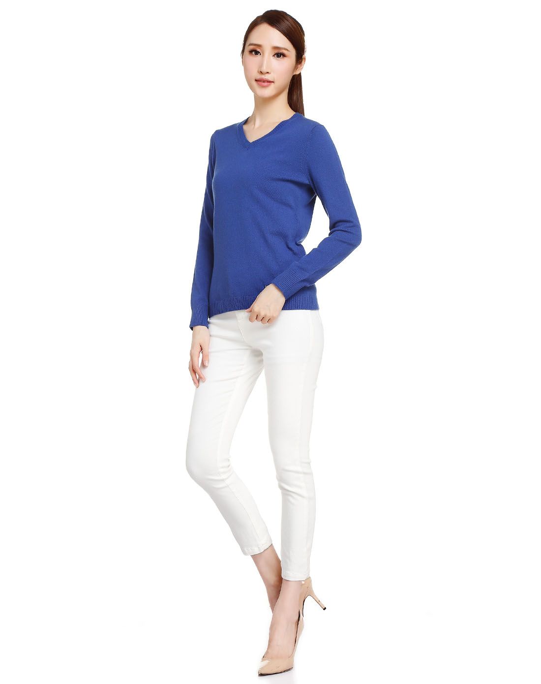 女中酞蓝v领女套衫