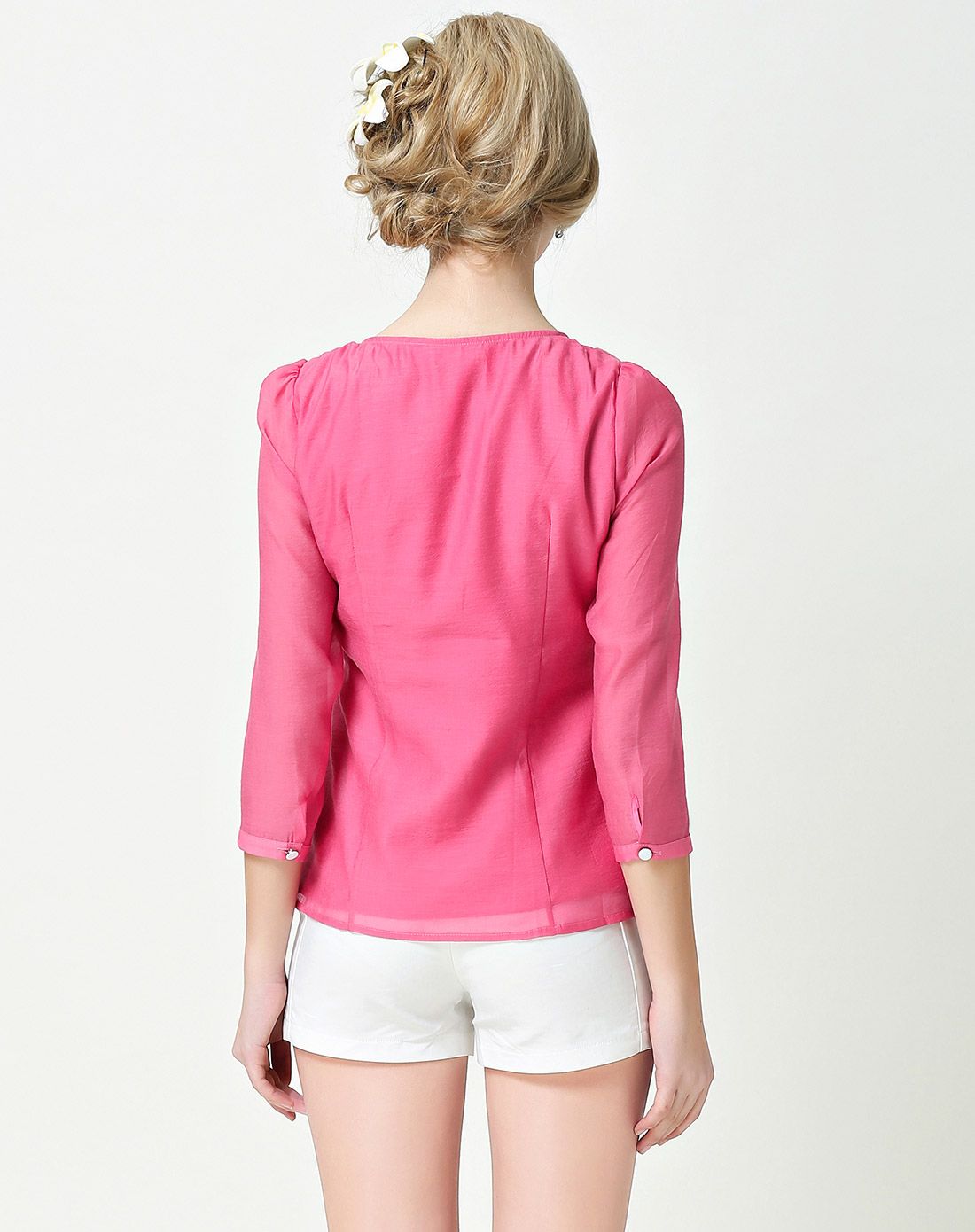 热粉色透明钩织绣花蕾丝绣七分袖上衣