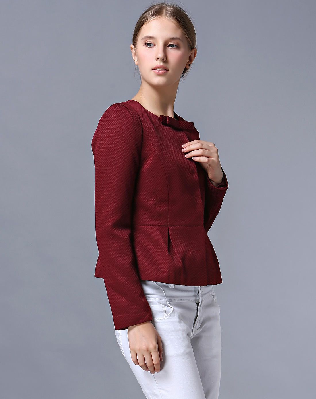 红莓色圆领淑女气质外套