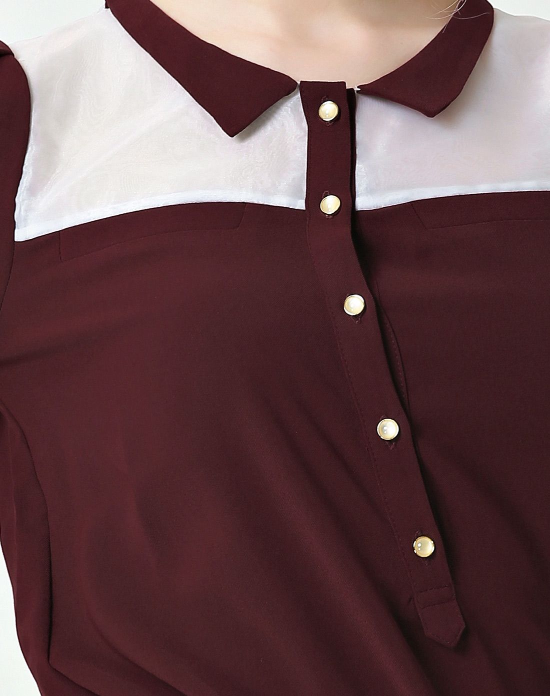 红莓色网纱拼接衬衫