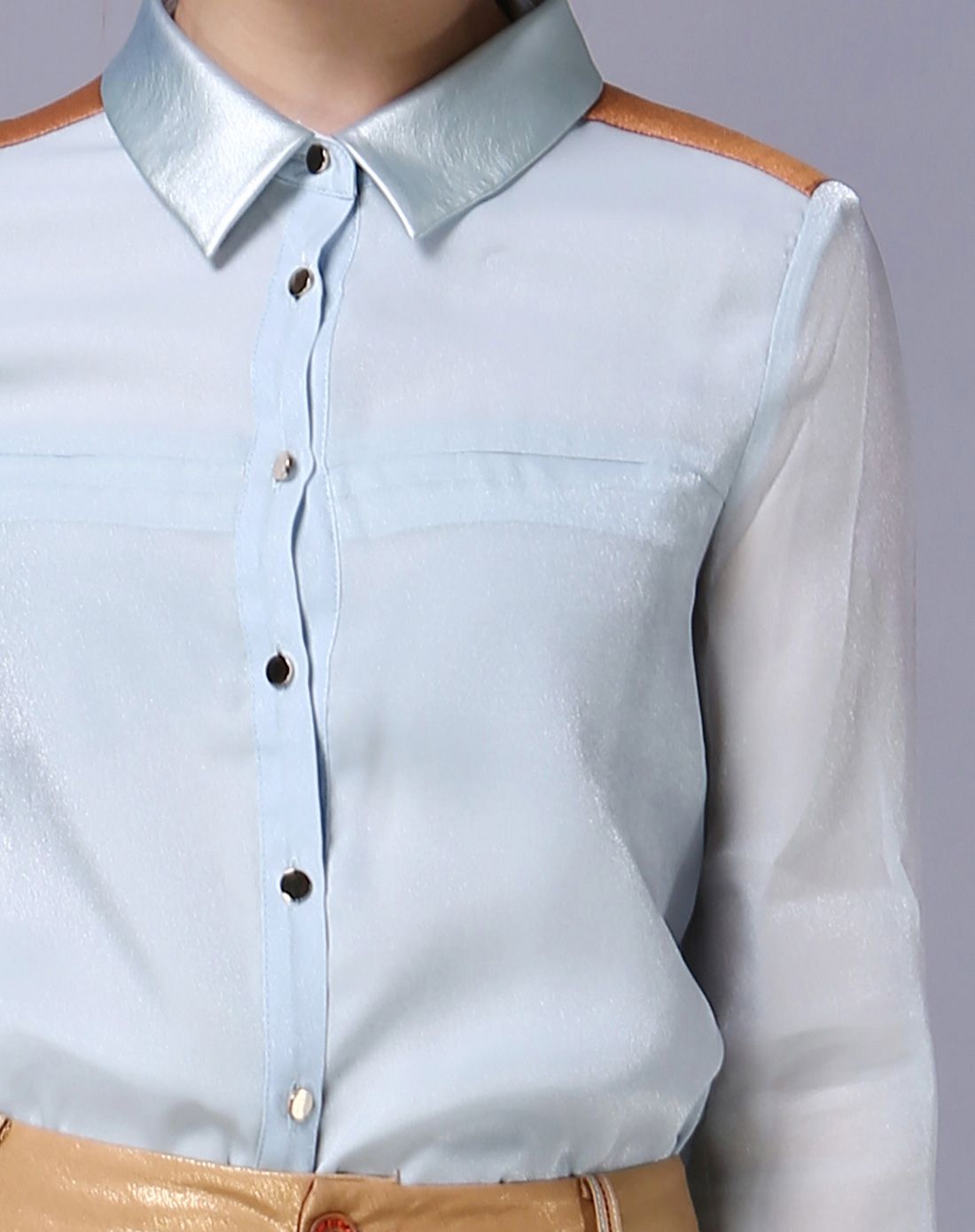 冰蓝色气质拼接直身衬衫