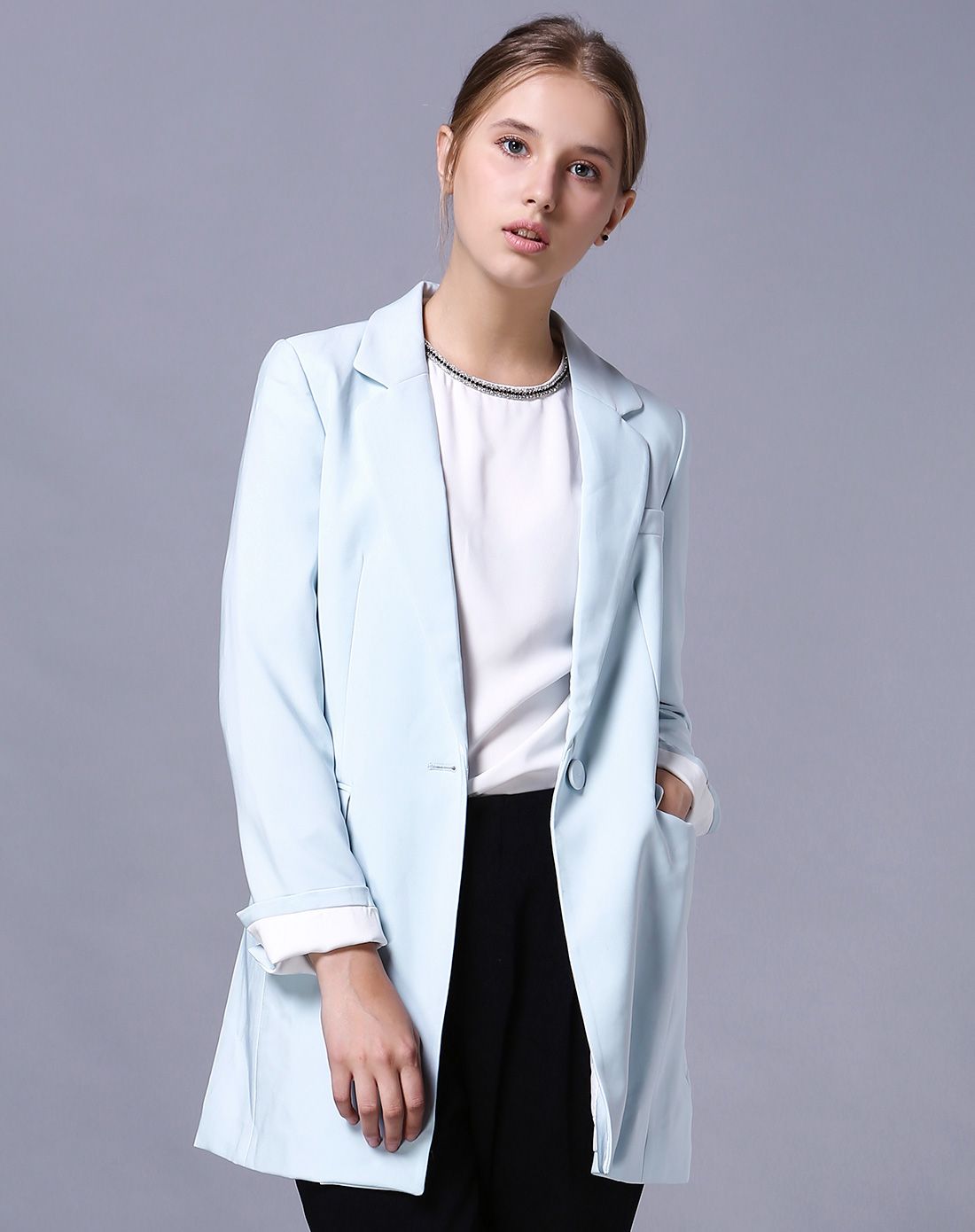 冰蓝色ol气质直身西装外套