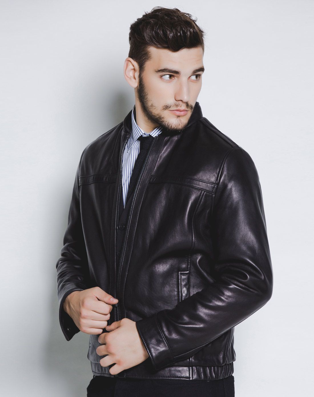 andrew marc&mny andrew marc男女男款黑啡色简洁时尚百搭长袖皮衣t