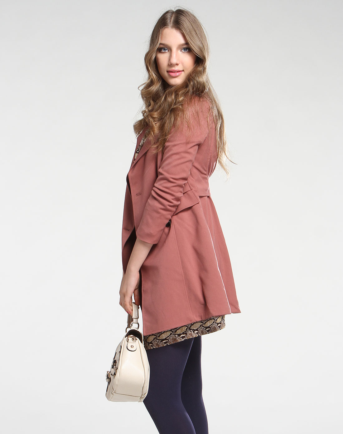 深藕粉色时尚长袖风衣