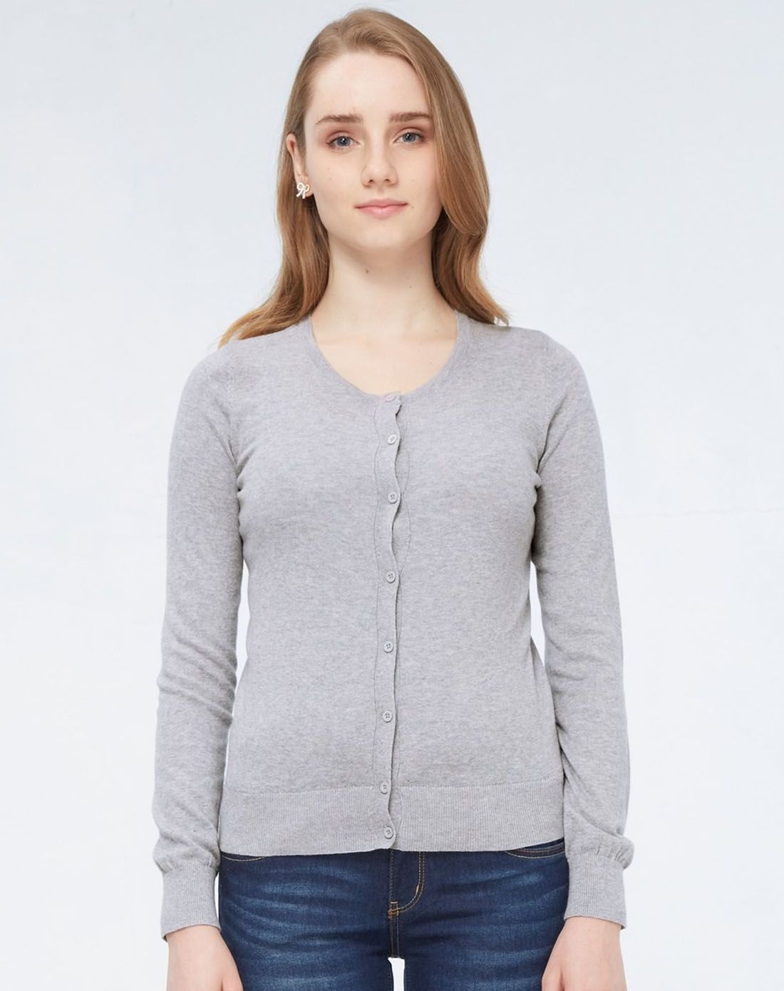 中花灰色厚实纯棉简约素色钮扣开襟针织衫