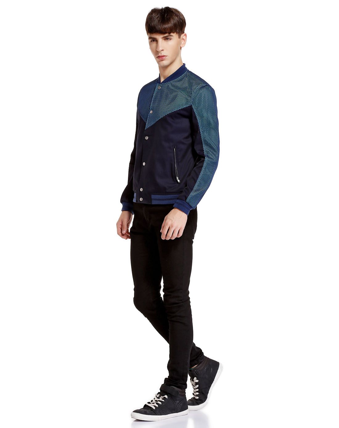 马克华菲mark fairwhale jeans藏蓝/绿色潮流拼接镂空长袖外套