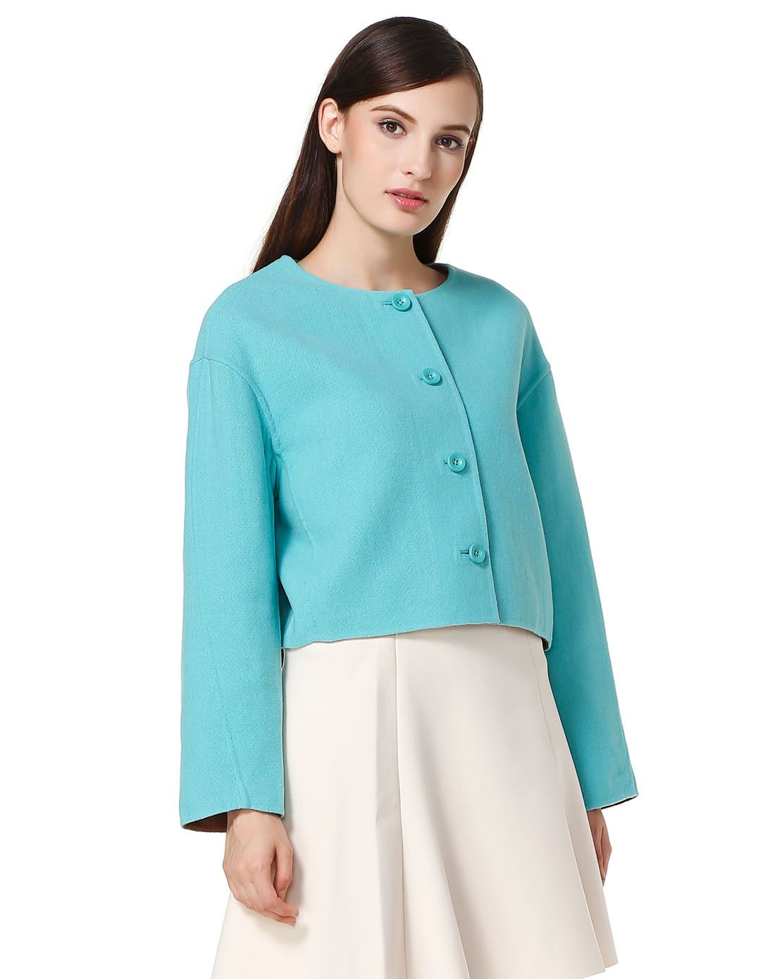 浅青绿色甜美淑女长袖羊毛外套