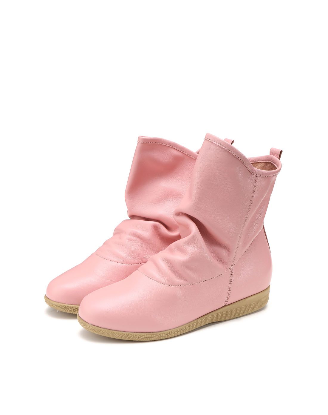 女款粉色羊皮休闲短靴