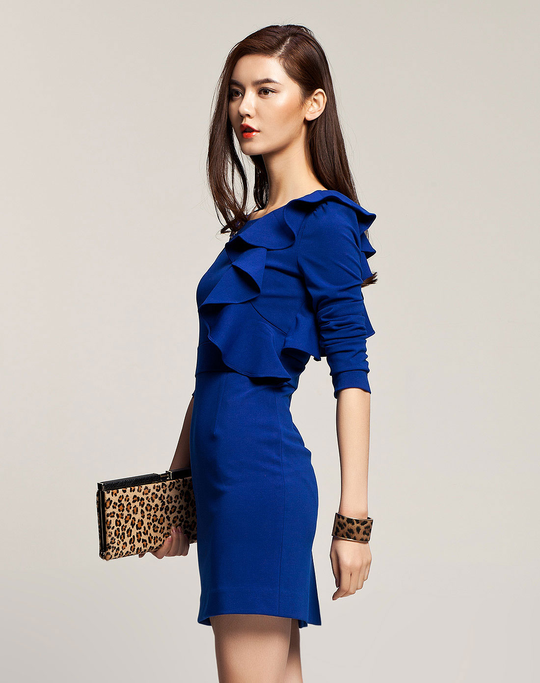 iaizo 宝蓝色荷叶边修身长袖连衣裙