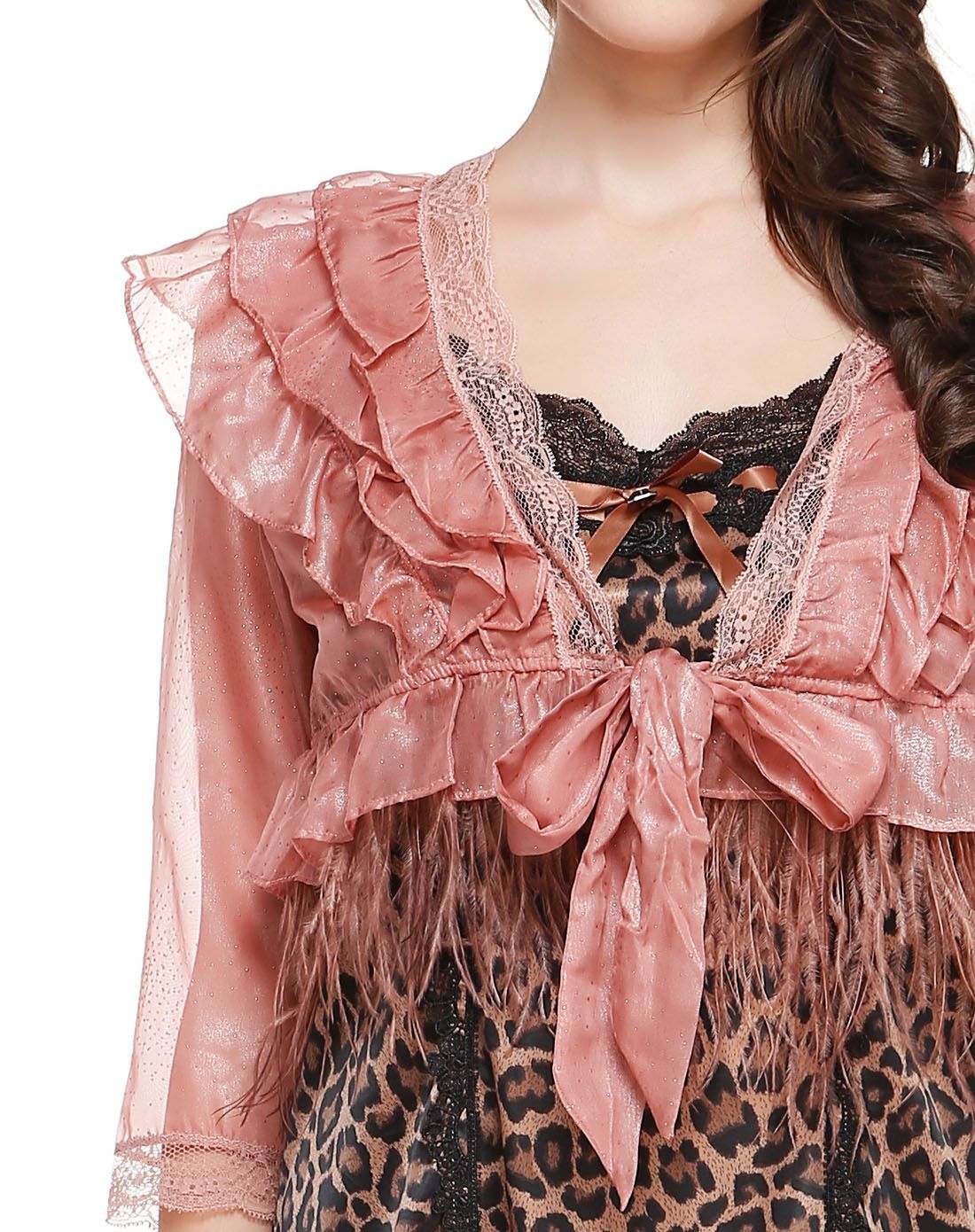 衣恋旗下eblin内衣专场暗红色淑女流苏开襟七分袖上衣ecgn149p5125