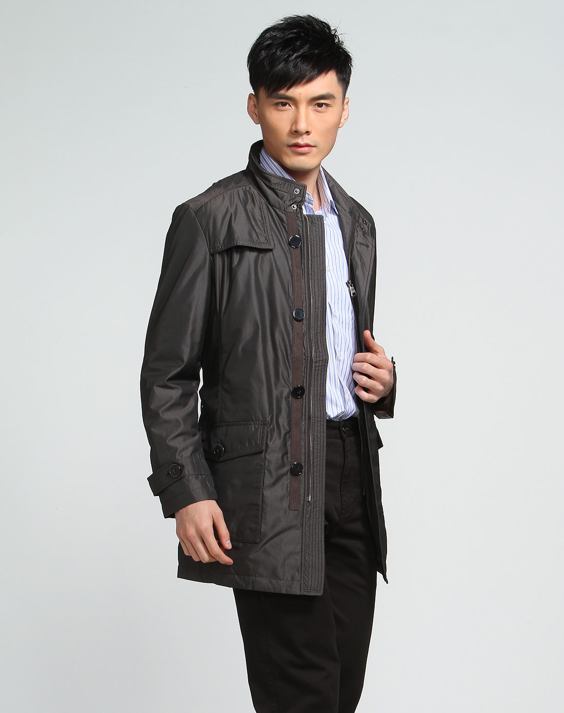 黑色休闲收腰长袖棉外套