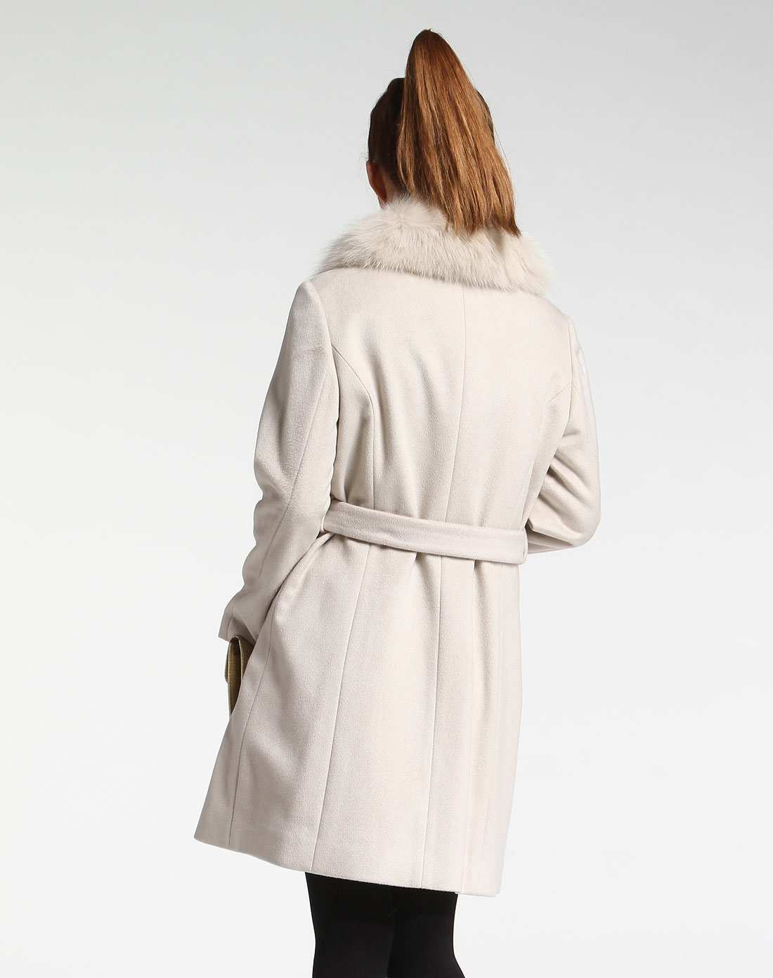 菲姿feizi女装专场-浅米色毛领长袖羊绒大衣