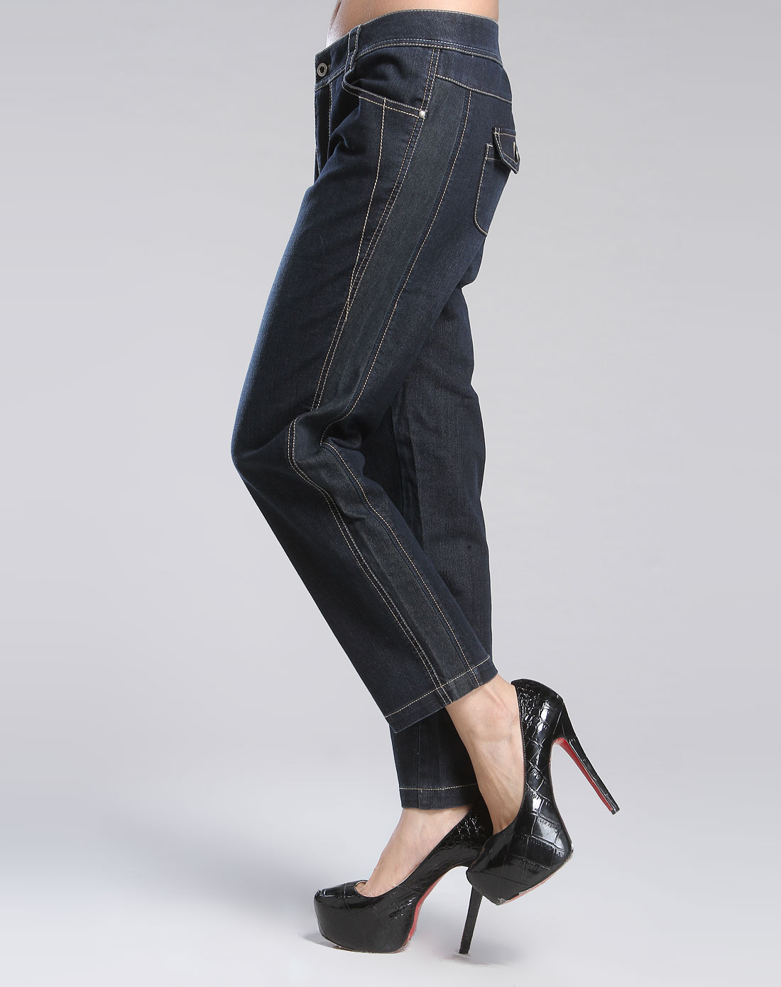 菲姿feizi女装专场-藏蓝色休闲中腰牛仔九分裤