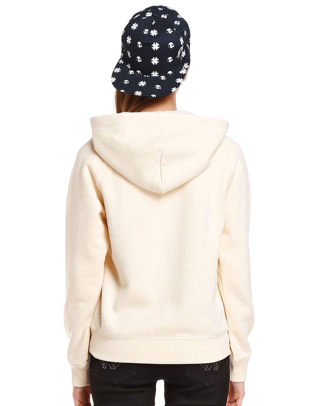 女款米白色休闲烫印连帽长袖卫衣