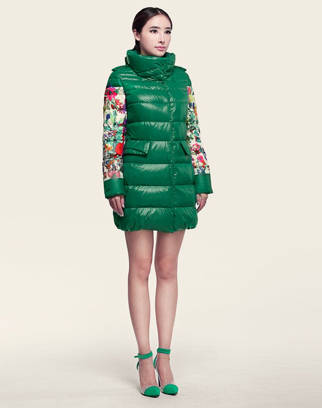 女款莱茵绿立领修身中长款羽绒服