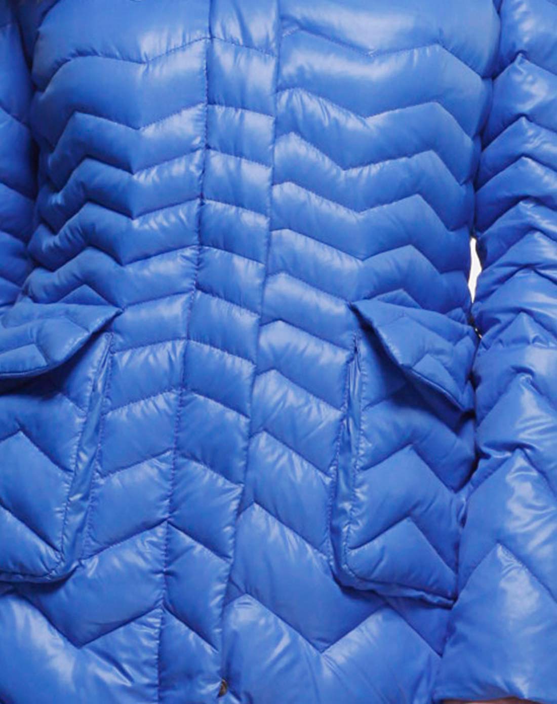 女款炫彩蓝立领中长款修身羽绒服