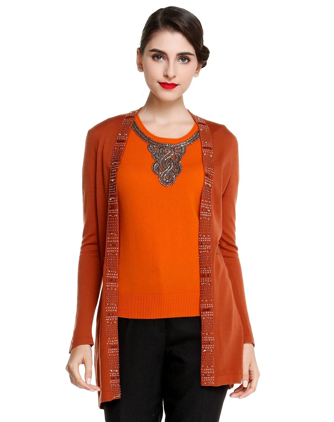 暗橘色亮丽气质经典长袖羊毛外套