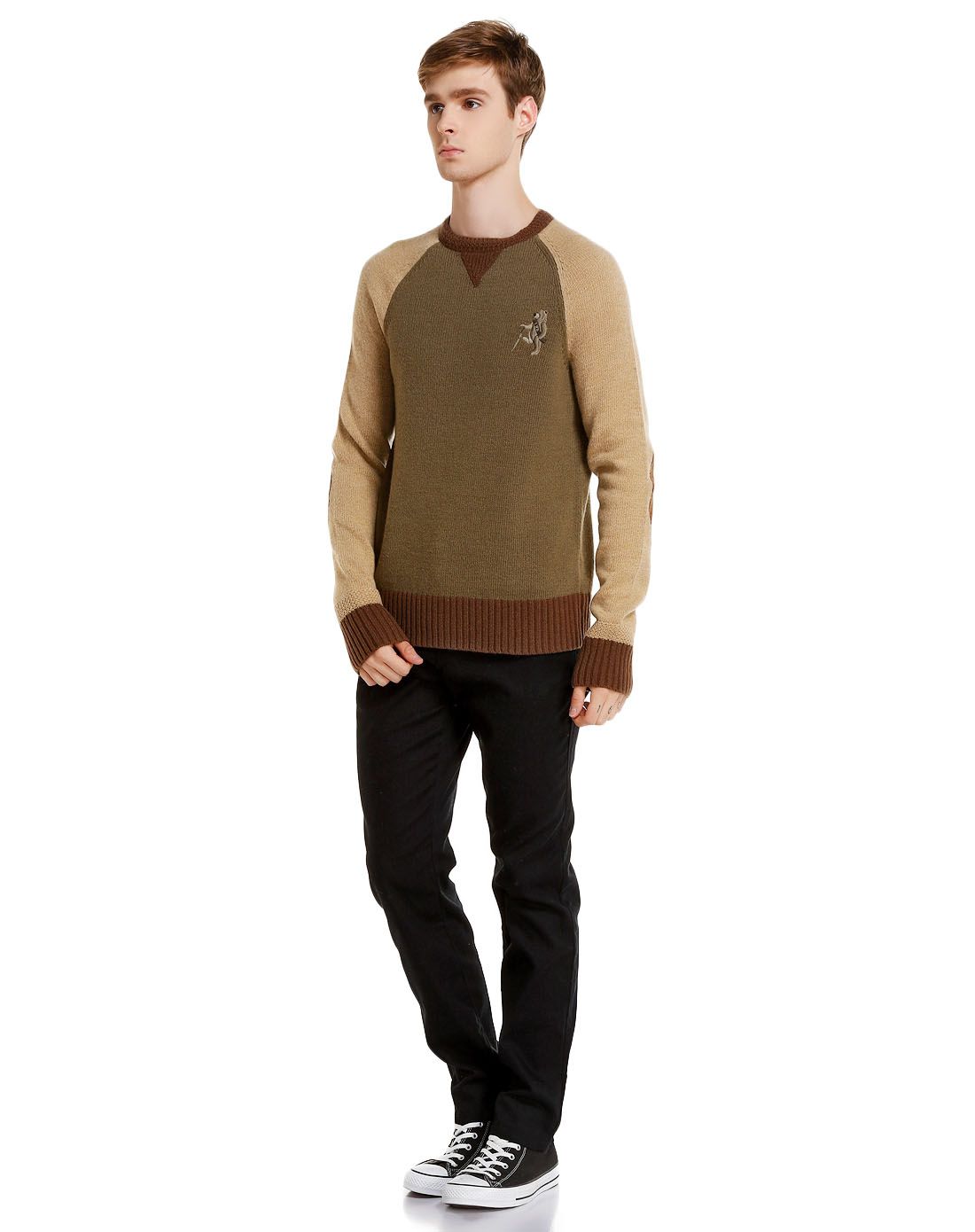 衣恋旗下teenie weenie绿/杏色简约拼接长袖羊毛衫tnkw34t53a49_唯品