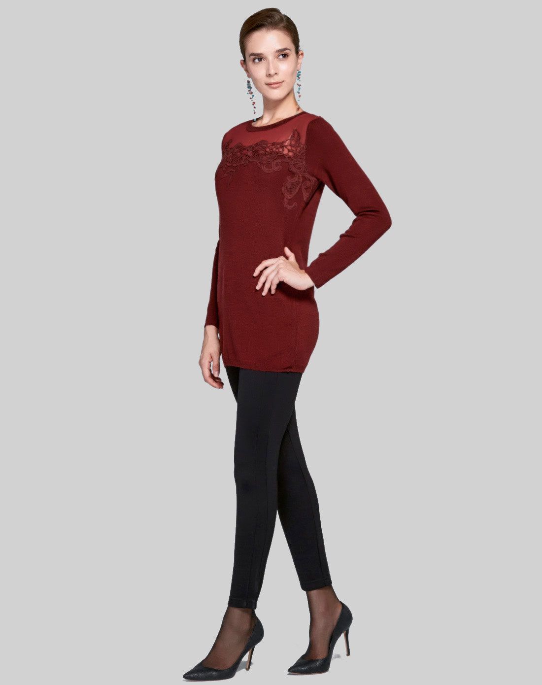 拼雪纺蕾丝装饰熟女气质针织连衣裙