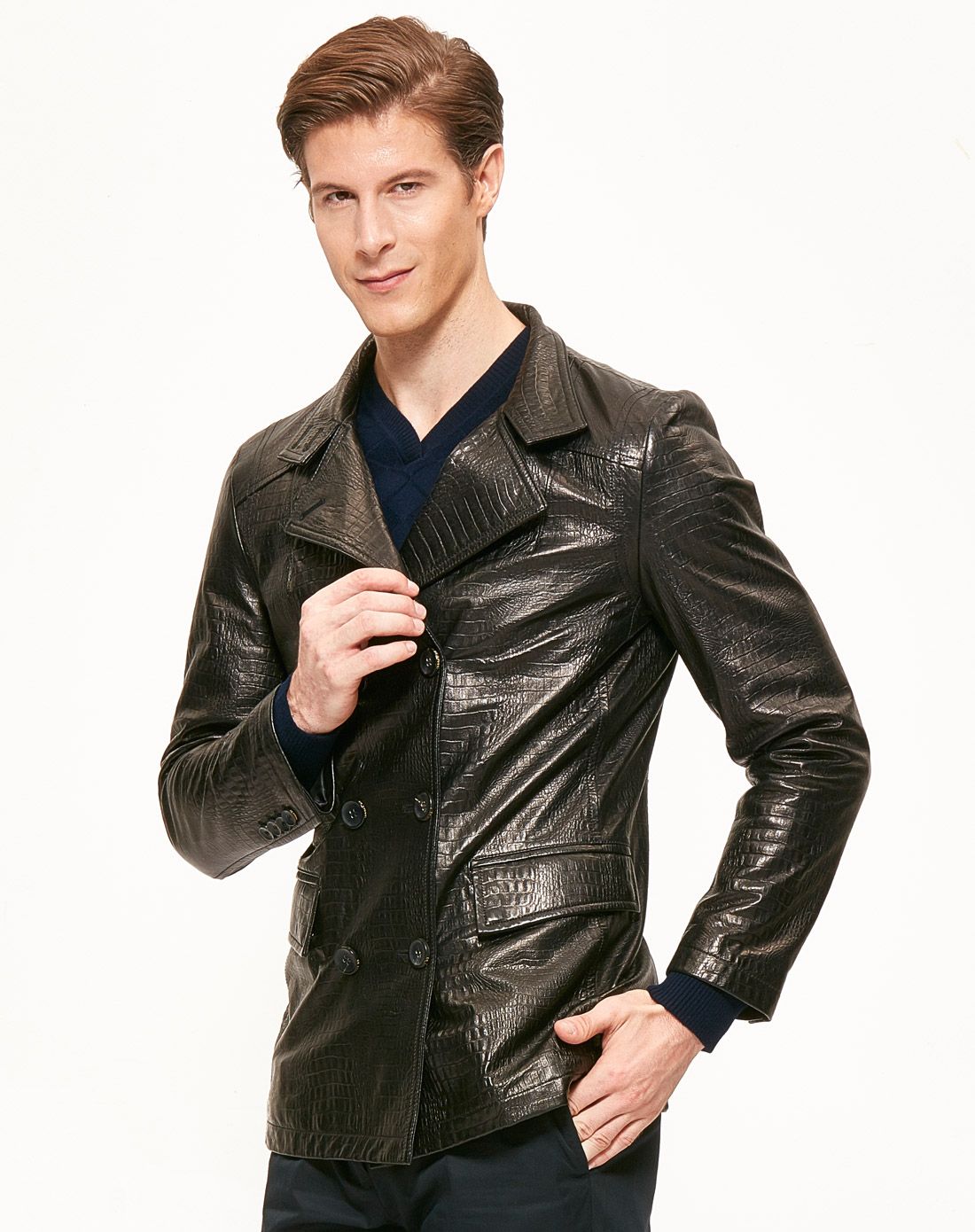 黑色大牌个性翻立领鳄鱼纹中长款皮衣