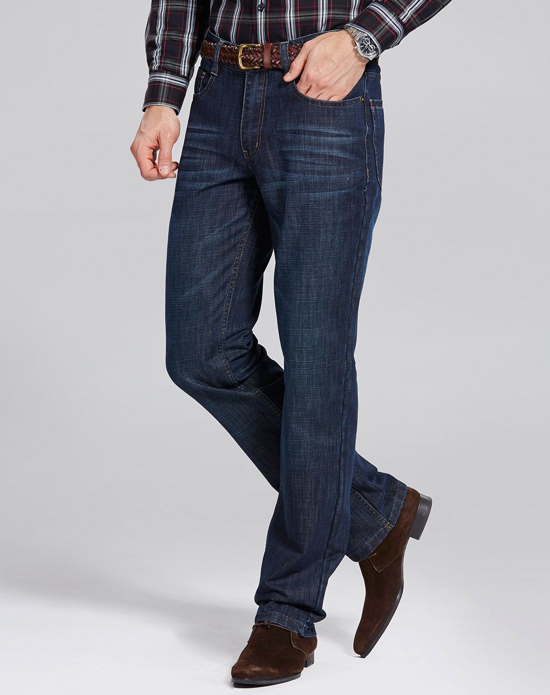 藏蓝色修身商务休闲牛仔裤