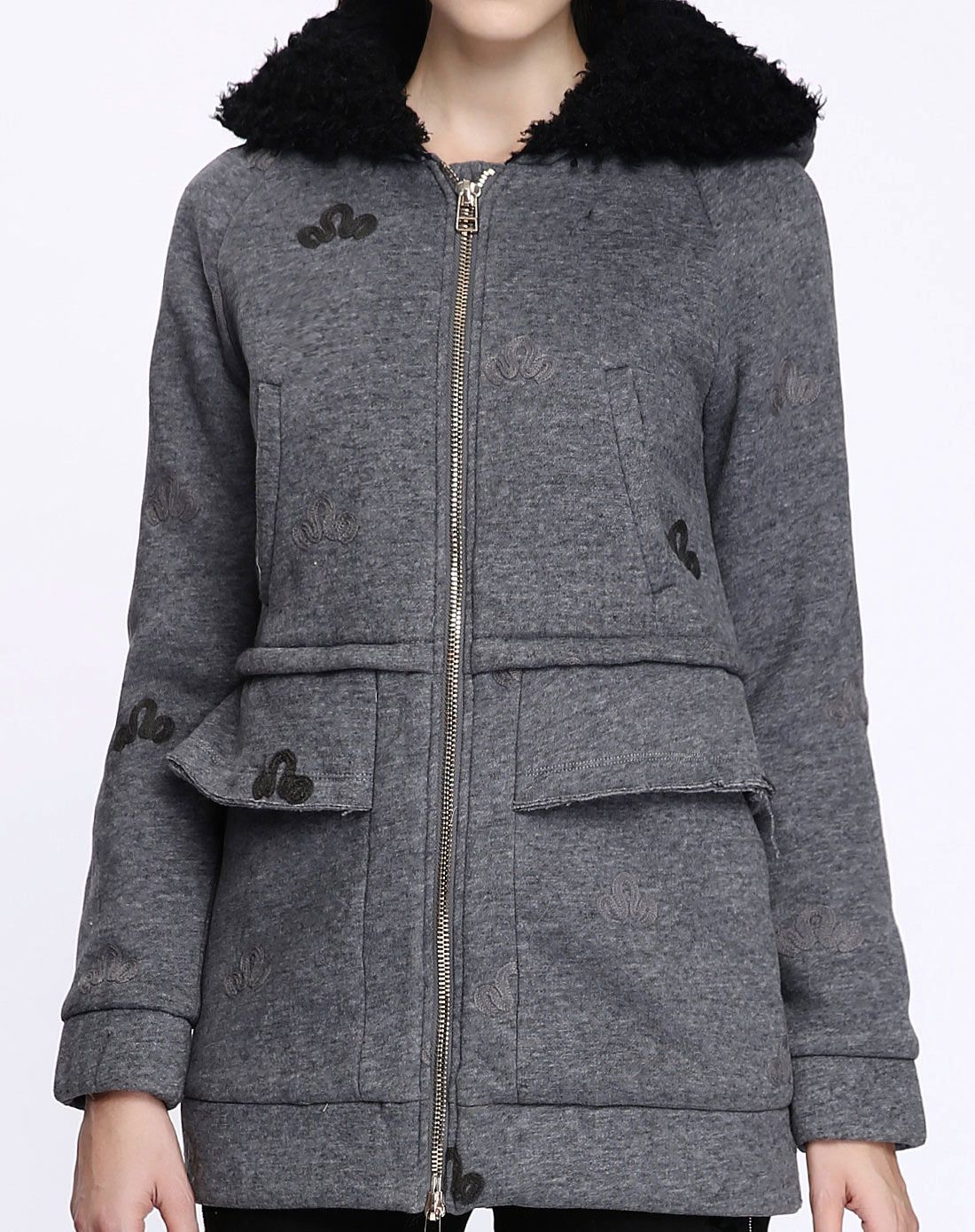 麻灰色毛线绣花纹休闲保暖大衣