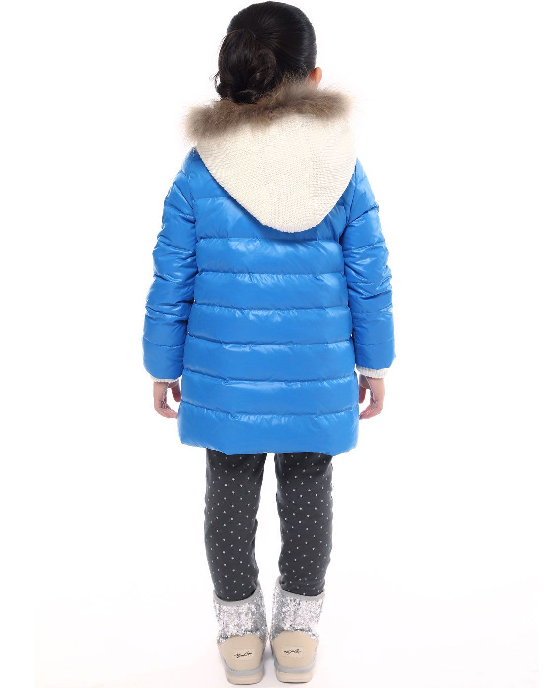 女童中长款蓝色羽绒服