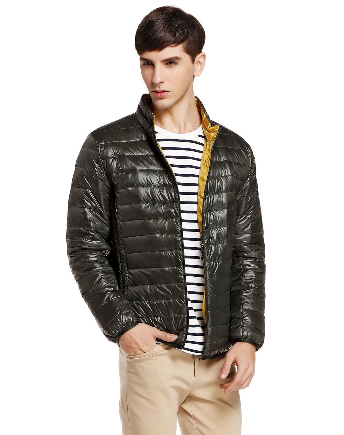 康博男款深绿色简约经典长袖羽绒服