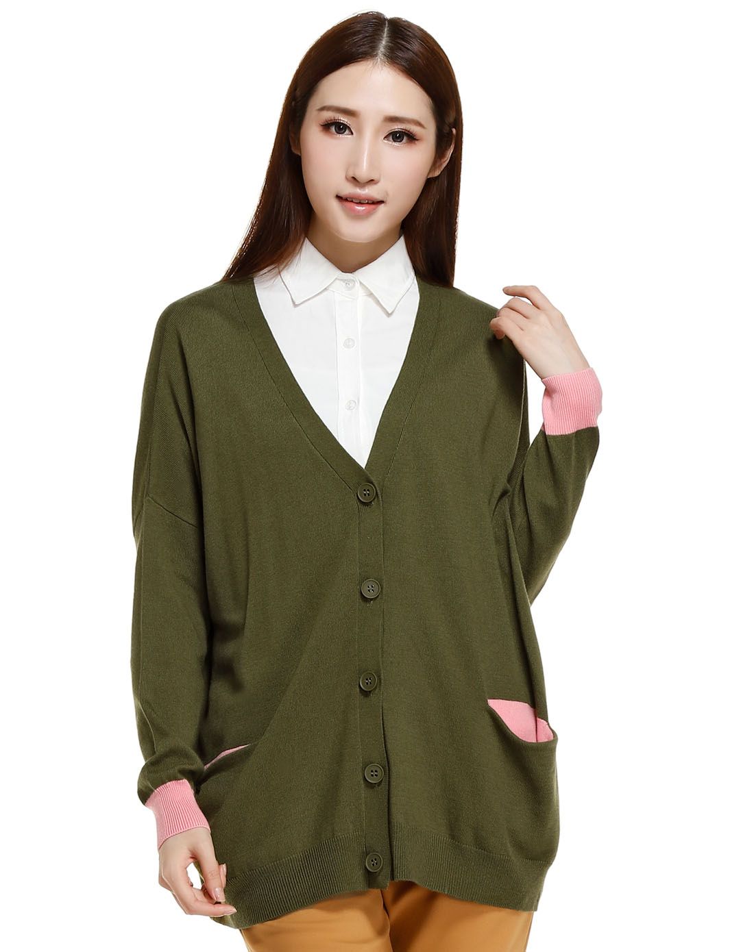 绿色淑女舒适开襟长袖针织衫