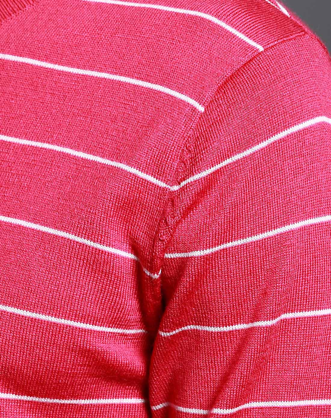 桃红色纯羊毛条纹v领薄毛衫