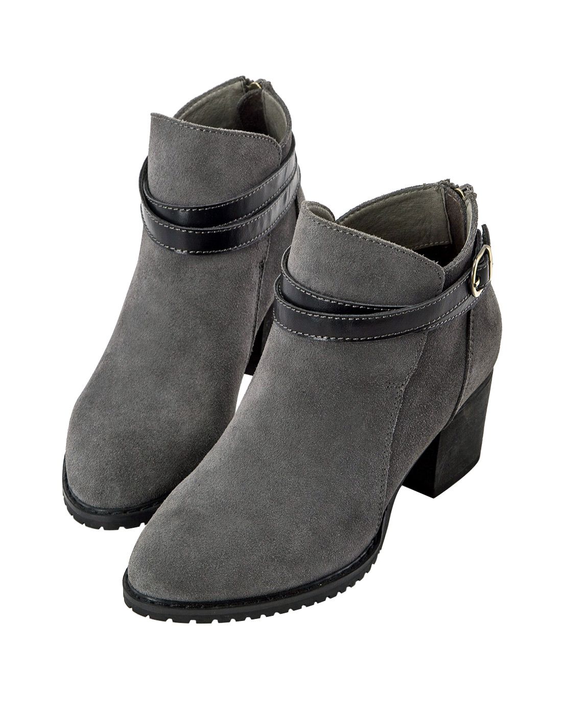 灰色英伦风双环带牛二层皮短靴