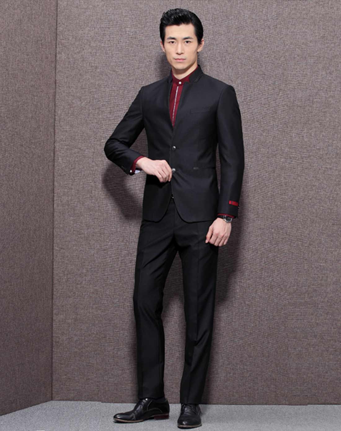 黑色修身中华立领西服套装