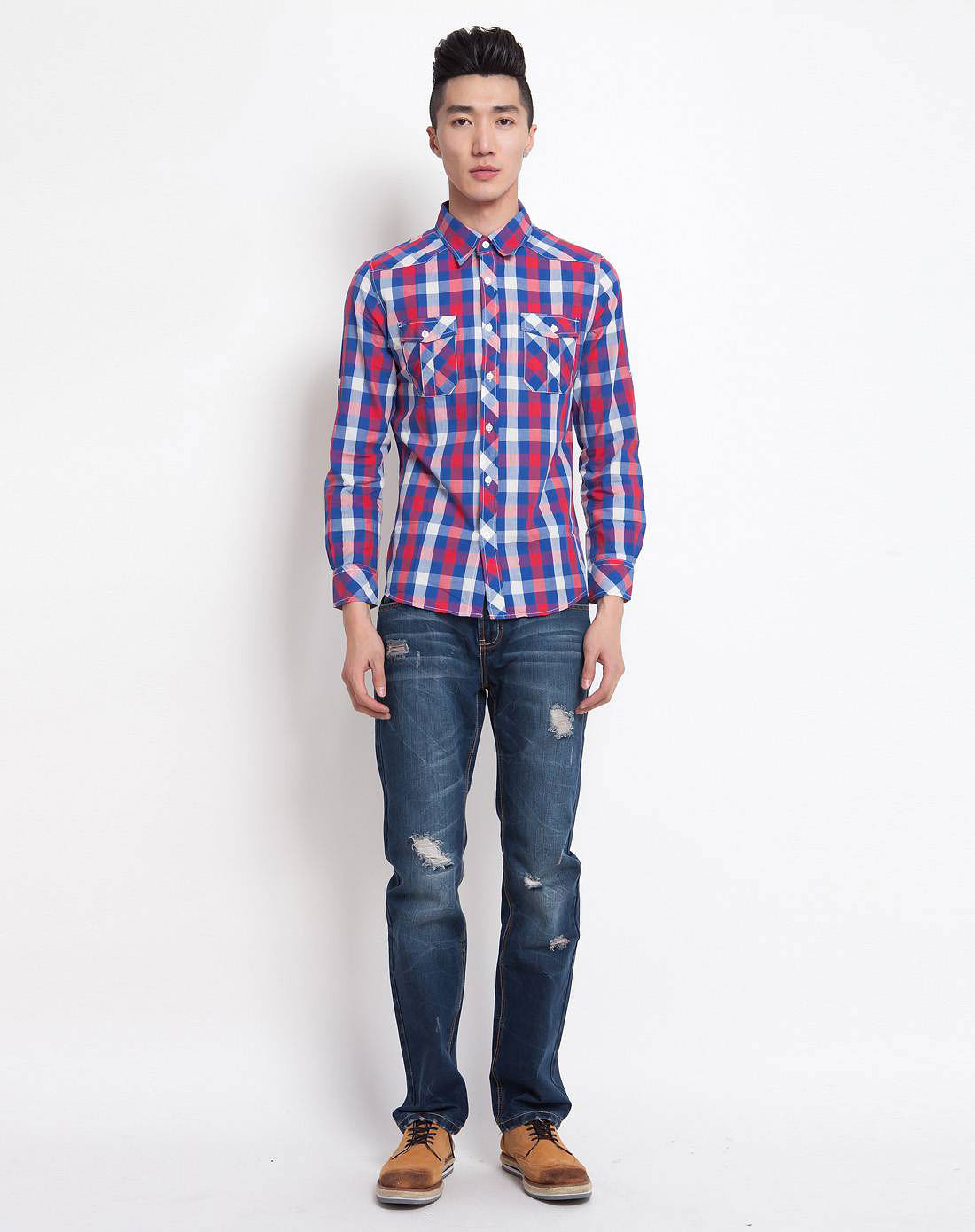男款中国红格子衬衫