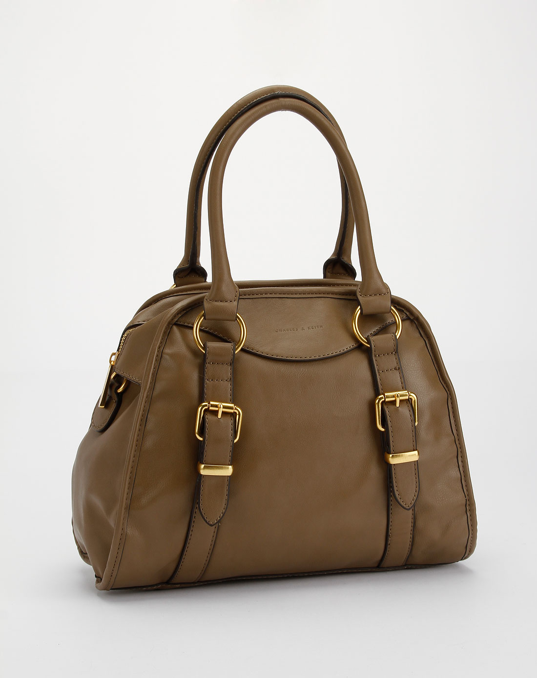 女式灰褐色皮带条玲珑手提包