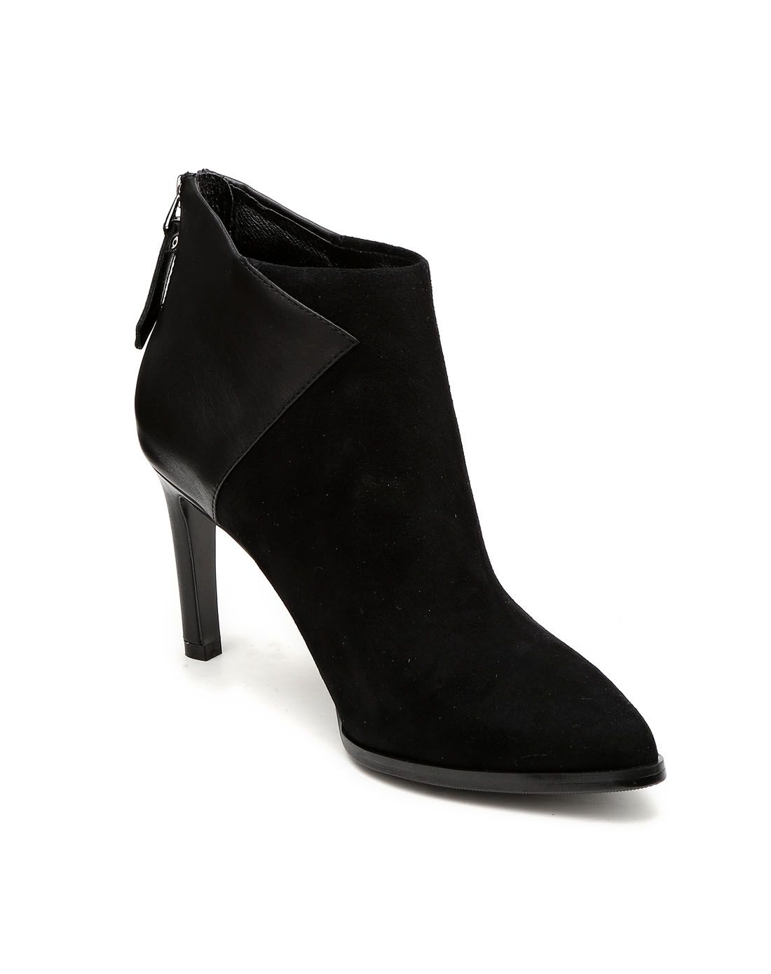 fed黑色尖头拼接干练高跟短靴