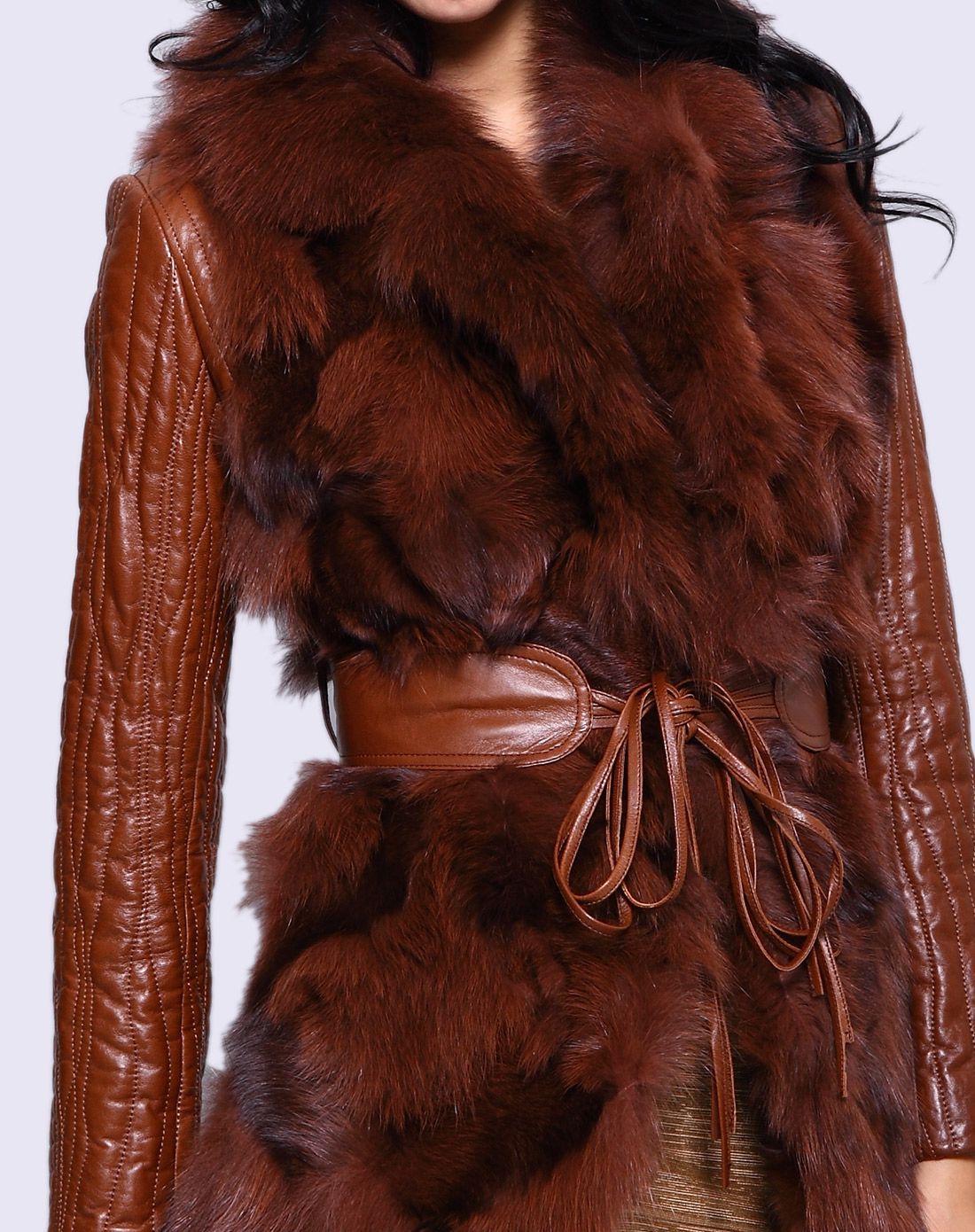 女款深咖色狐狸毛拼绵羊皮韩版薄棉时尚绵羊皮草褛