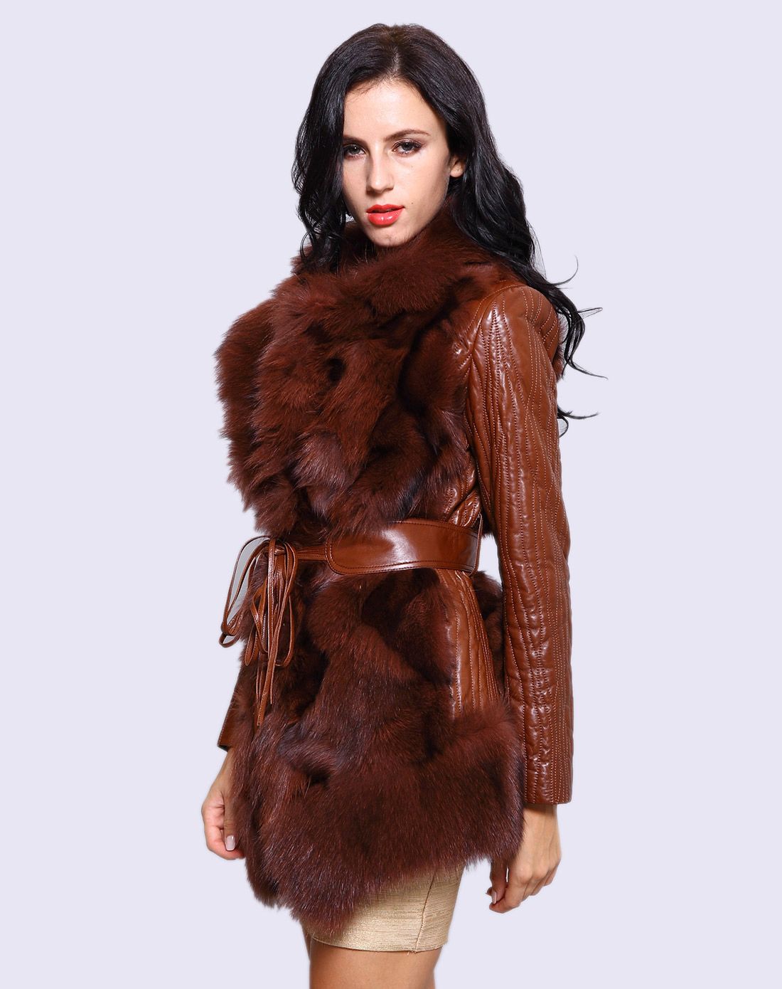 女款深咖色狐狸毛拼绵羊皮韩版薄棉时尚绵羊皮草褛