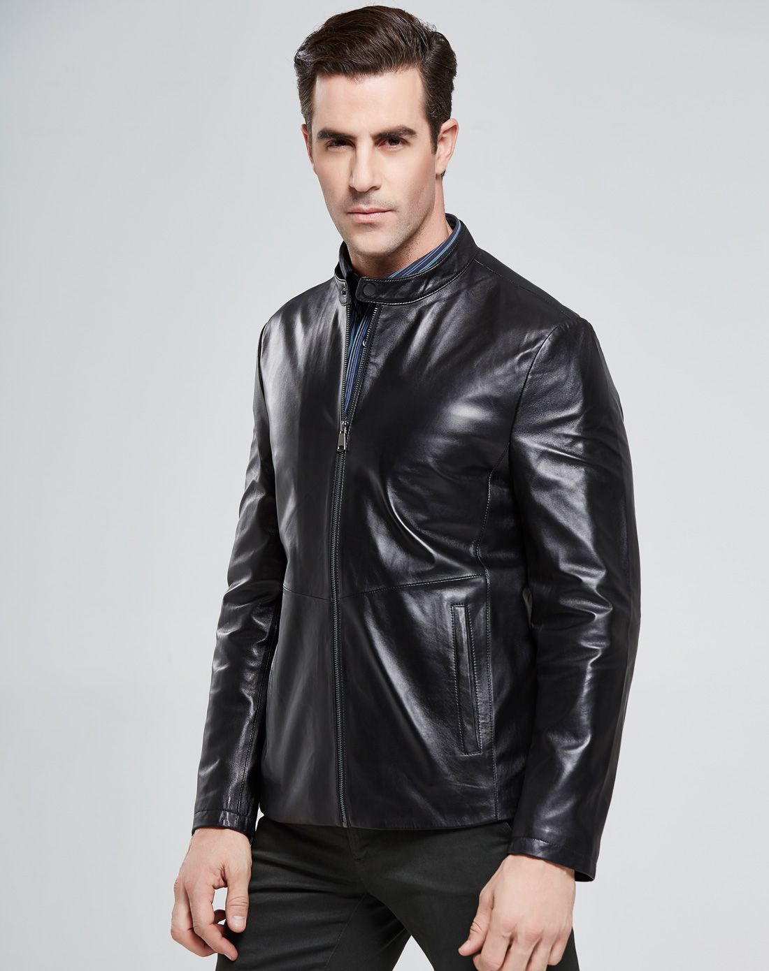 男款黑色绵羊皮修身经典款皮衣