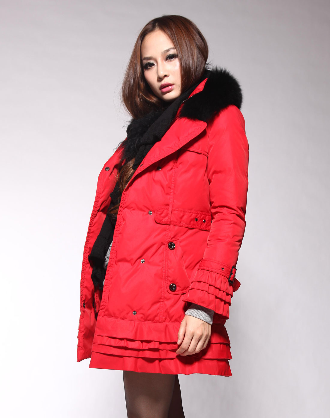 索玛somsom女装专场-大红色双排扣时尚长袖羽绒服