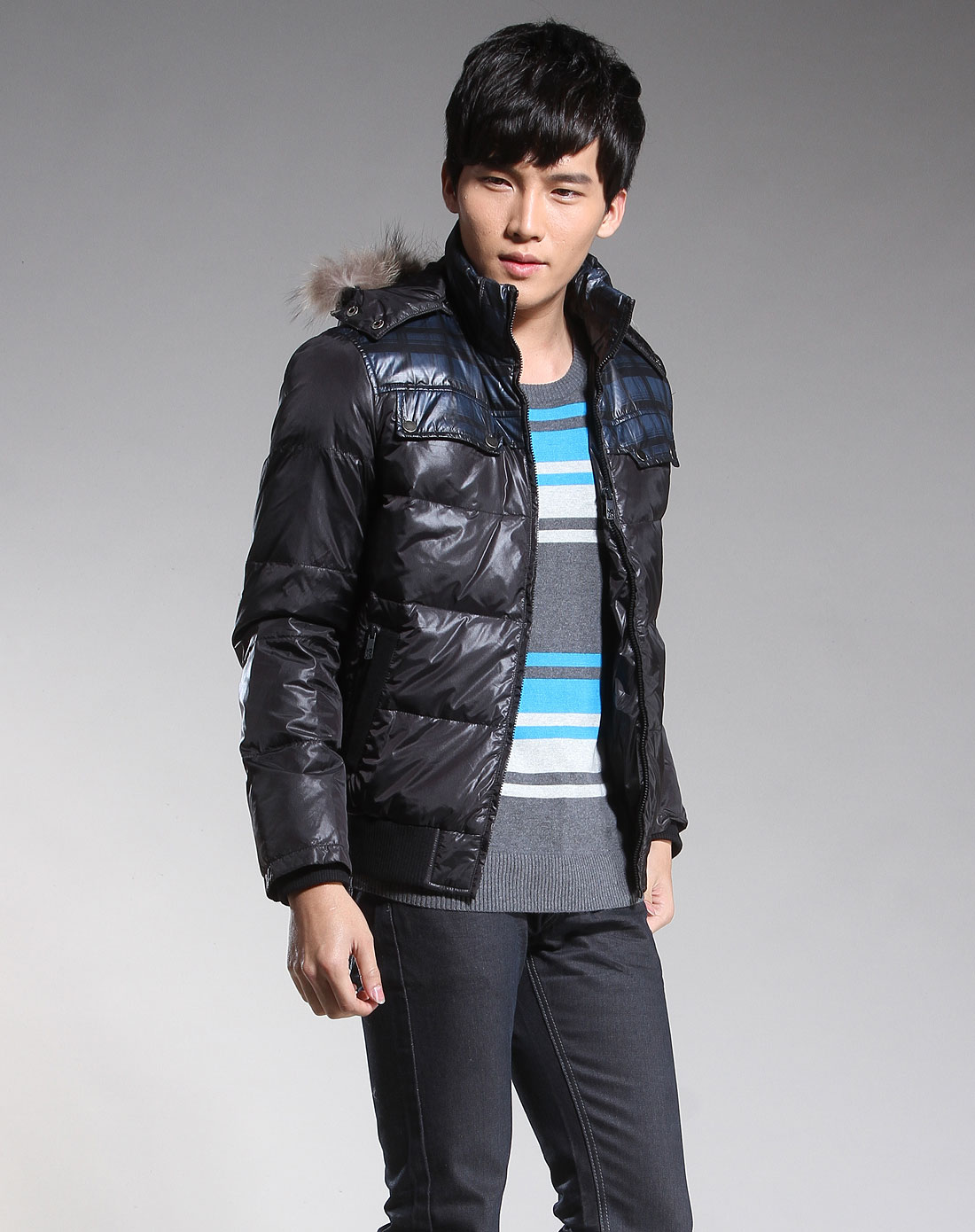 摩高mogao男装专场-黑色拼布连帽长袖羽绒服