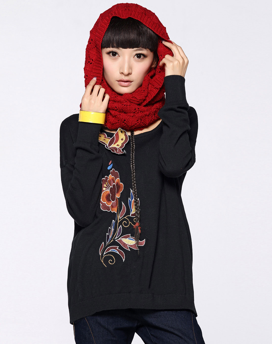 裂帛女装专场-黑色立体绣花毛衣
