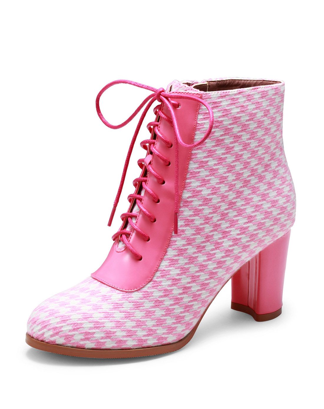 田莘2015冬季新品粉色千鸟格绑带短靴