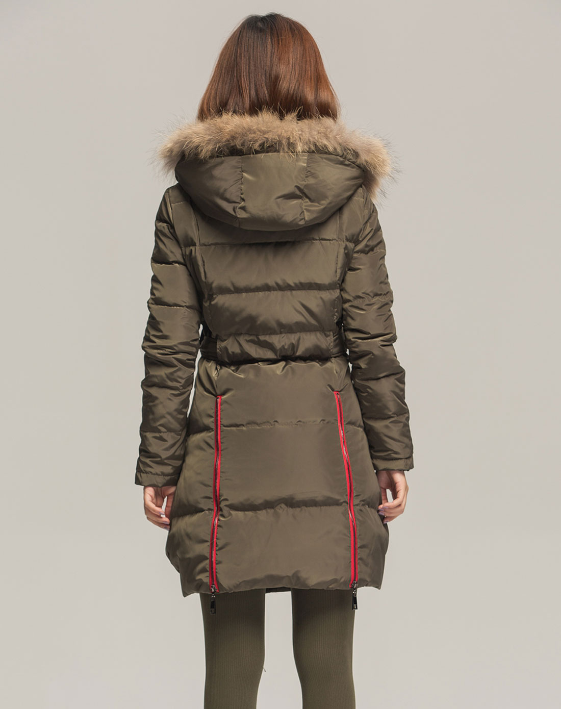 oece女装专场-军绿色长款毛领羽绒服