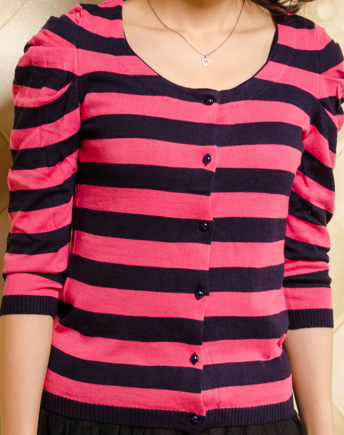 丈青粉色配条ol毛衣开衫